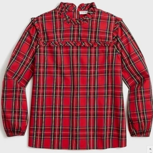 J. Crew | Women's Red Tartan Plaid Ruffle Neck Blouson Sleeve Top - Picture 16 of 16